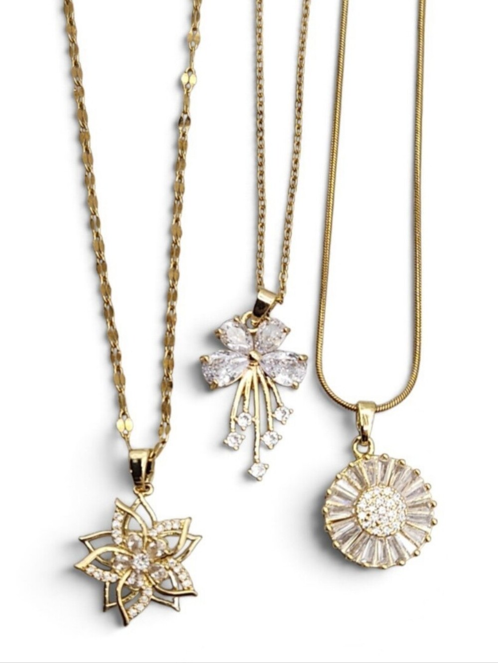 Gold Flower & Starburst CZ Pendant Necklace Collection